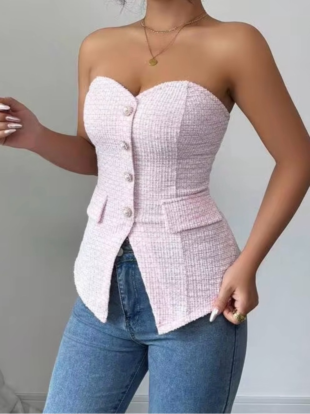 SHEIN Pink Strapless Tweed Bustier with Decorative Buttons